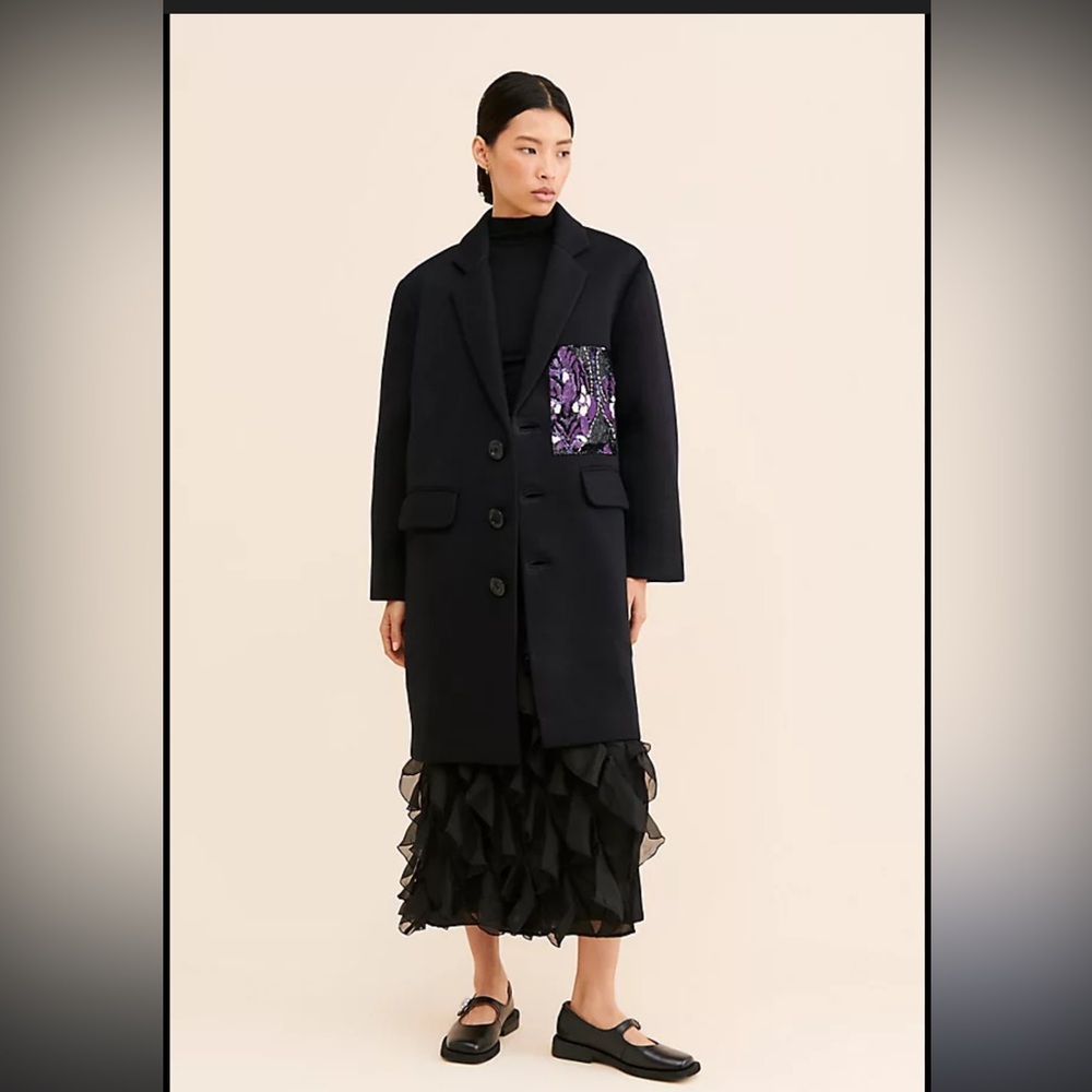 Anthropologie Black  Coat with Purple Patch Pocket